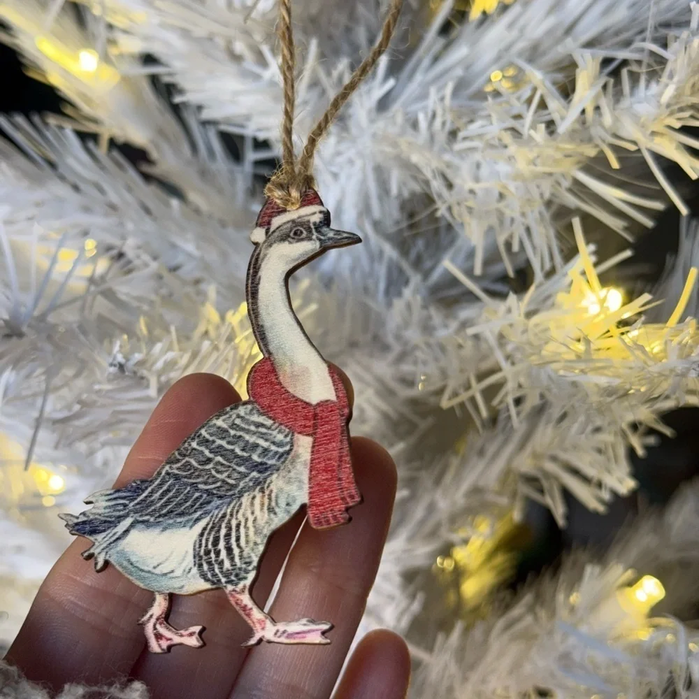 Vintage 1971 Festive Goose Bird Ornament - Red and Gray